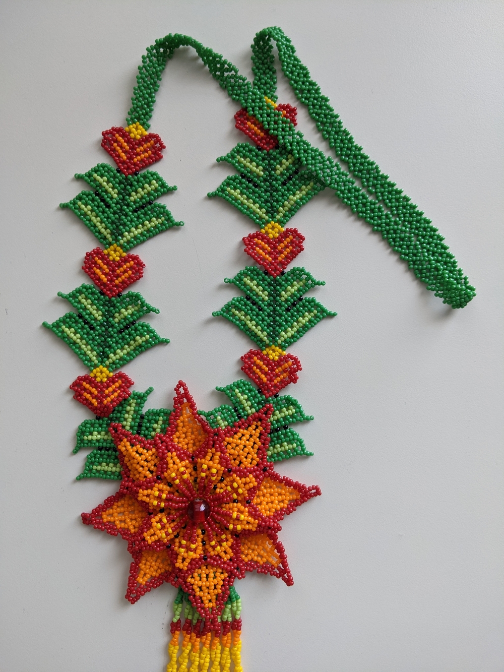 Handmade Green Beaded Necklace with Orange & Red Floral Pendant - Picture 2 of 4